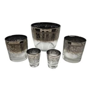 Vintage Dorothy Thorpe Silver Fade Grape Ice Bucket, Low Ball & Shot Glasses Set